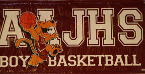 The boys basketball team starts open gym.  This picture shows the boys basketball banner.