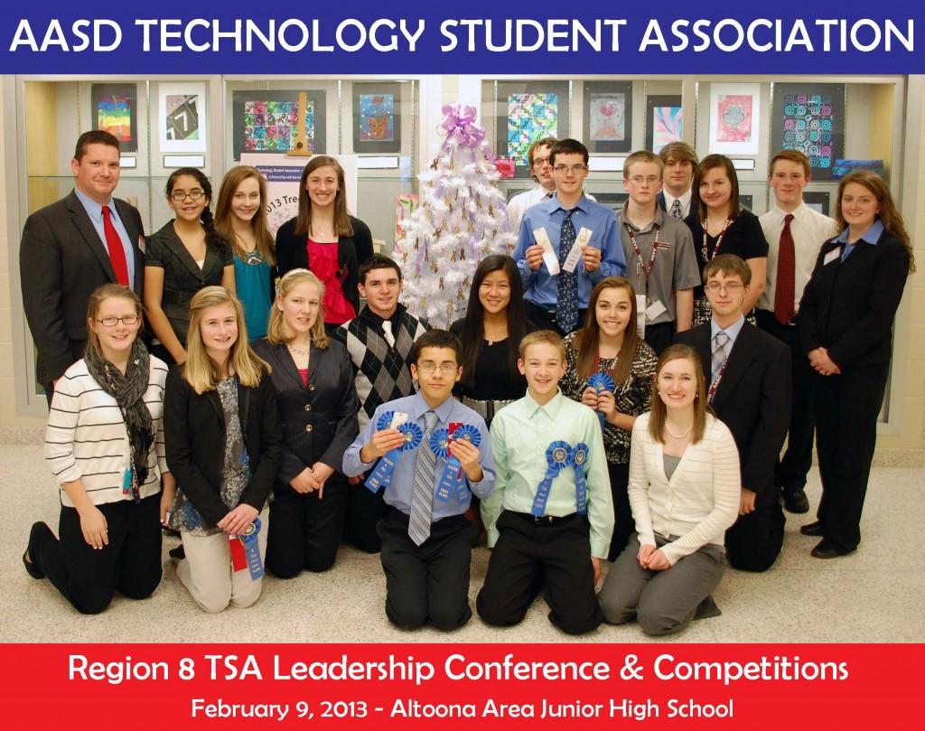 The Technology Student Association(TSA) from junior high and high school levels gather for a group picture after their regional competition held at the junior high.