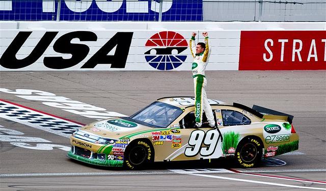 Carl Edwards getting ready to do his famous back flip after winning a race.
Photo courtesy of Maverick Helicopters