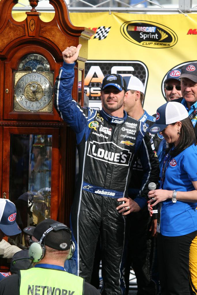 Jimmie Johnson receiving his eighth Grandfather Clock.
Photo courtesy of PDA.PHOTO