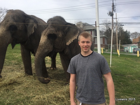 Mason Ford beside Arthurs elephants