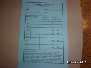 This eligibility is the slips that athletes have to get all their teachers to sign to show they are eligible. Out of the eight slots six of them have to be a yes and the other to can be no or blank.