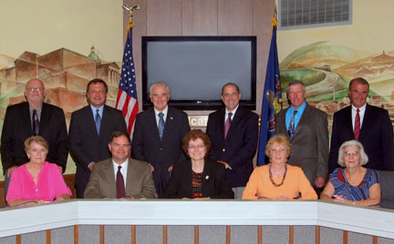 Row 1:  Judy Berryman, Vice-President Dr. Timothy Lucas, President Maryann Joyce Bistline, Cheryl Rupp, and Sharon Bream.
Row 2: John Klingeman, John Donley, Richard Lockard, Superintendent Mr. John Kopicki, Ron Johnston, and Attorney David Andrews.  Photo courtesy of Altoona School District website