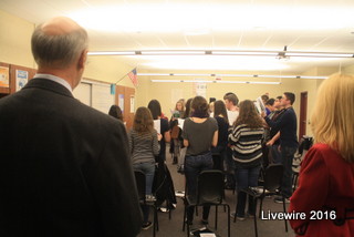 Principal Lori Mangan accompanies Governor Wolf as he visits with the chorus class.  Photo by Michael Baker