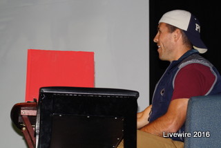 Seventh grade teacher Shawn Cerully laughs wildly as he watches people falling on an episode of ROAR-diculousness. He posed as Rob Dyrdek for this years PBS assembly.