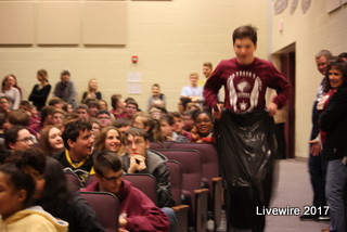 Jump Jump! Ninth grader Ryan Beck jumped in a trash bag to help the 9th grade boys indoor track team in the obstacle course.  The obstacle course included 5 obstacle that left many athletes swept off their feet. 