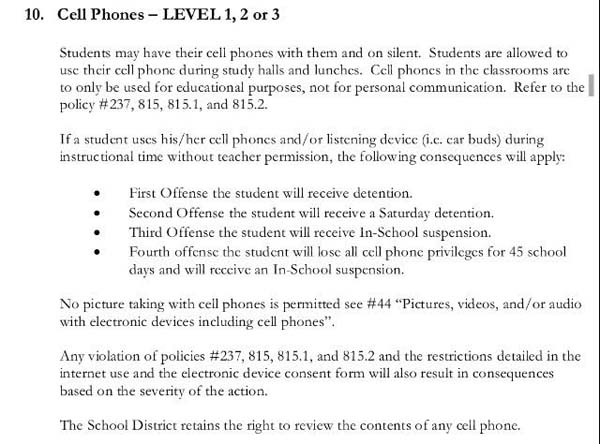 Hollidaysburg Area school district code of conduct regulation on being allowed to carry cellphones 
