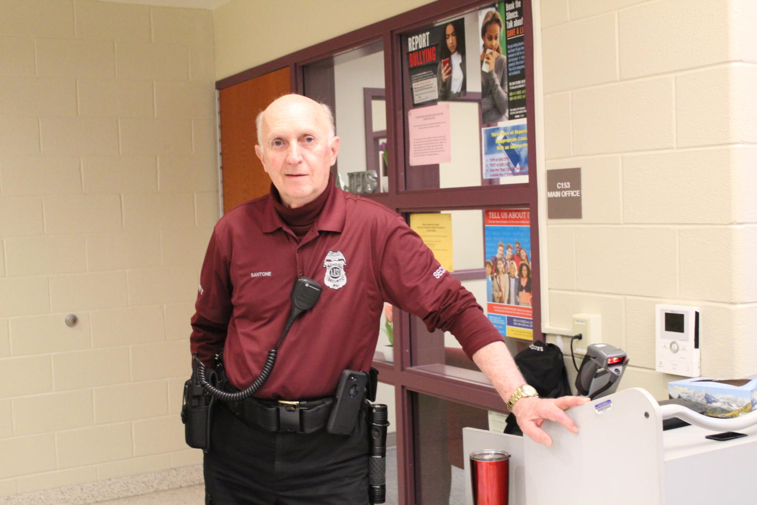 Hey there! Renny Santone, the Jr. High greeter, helps protect with school security. He stays by the main floor office.