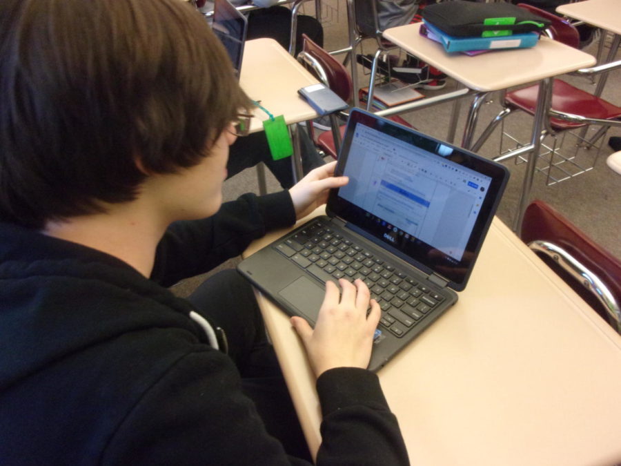 Andrew Baker advances to the next step for the coding assignment.  The boys in Mrs. Van Casters fourth period class worked on a coding assignment on Monday.