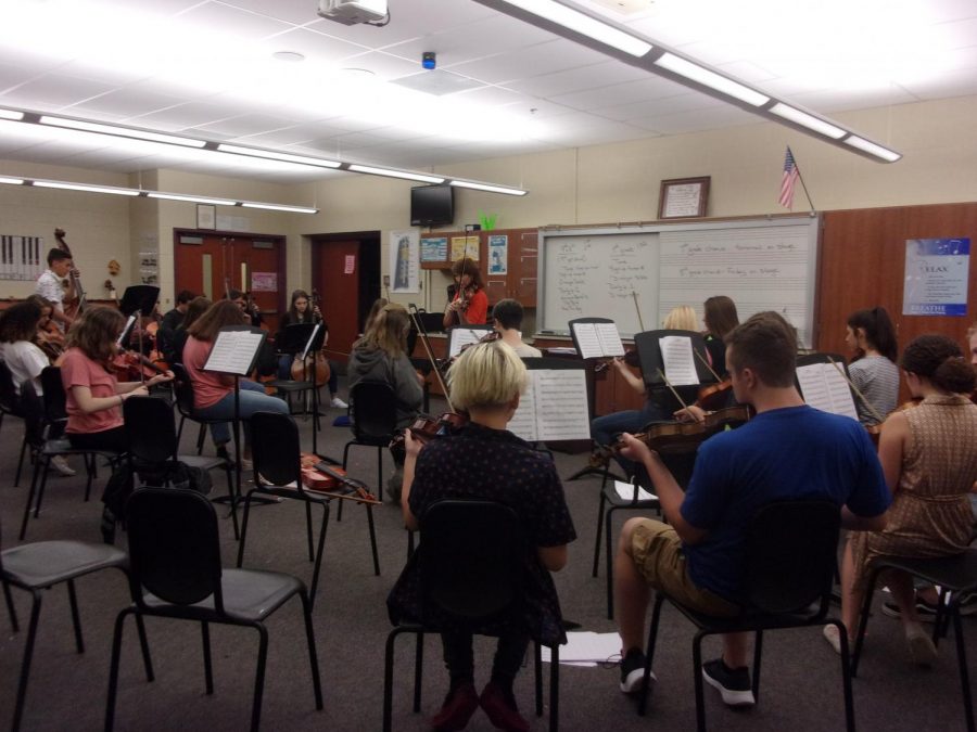 Time to play! The orchestra prepares to play in their upcoming concert. The eighth grade ninth grade symphonic orchestra played Rites of Tamburo and Meadowlands.