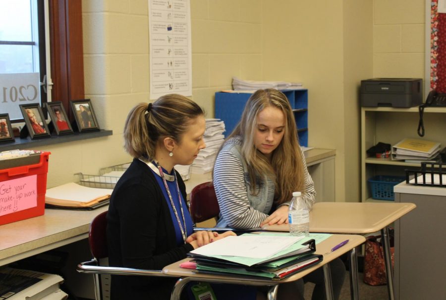 Look It Over
Rebeccah Anderson, a high school counselor, works with ninth grade student  Catalina Musser to complete her schedule. Ninth grade students at the junior high are completing their scheduling for this month during their math periods with the help of counselors.