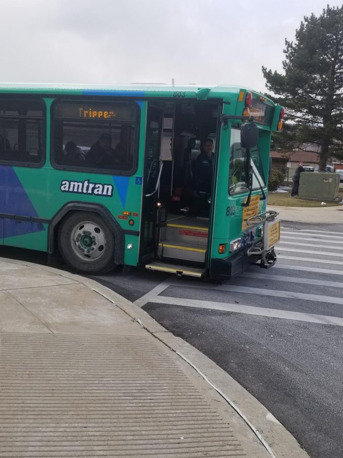 Amtran buses takes students home at the end of the day. The Amtran buses are parked outside the junior high.