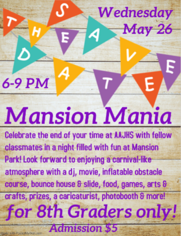 Party time! The virtual announcement for Mansion Mania features helpful information for students to prepare for the event. 