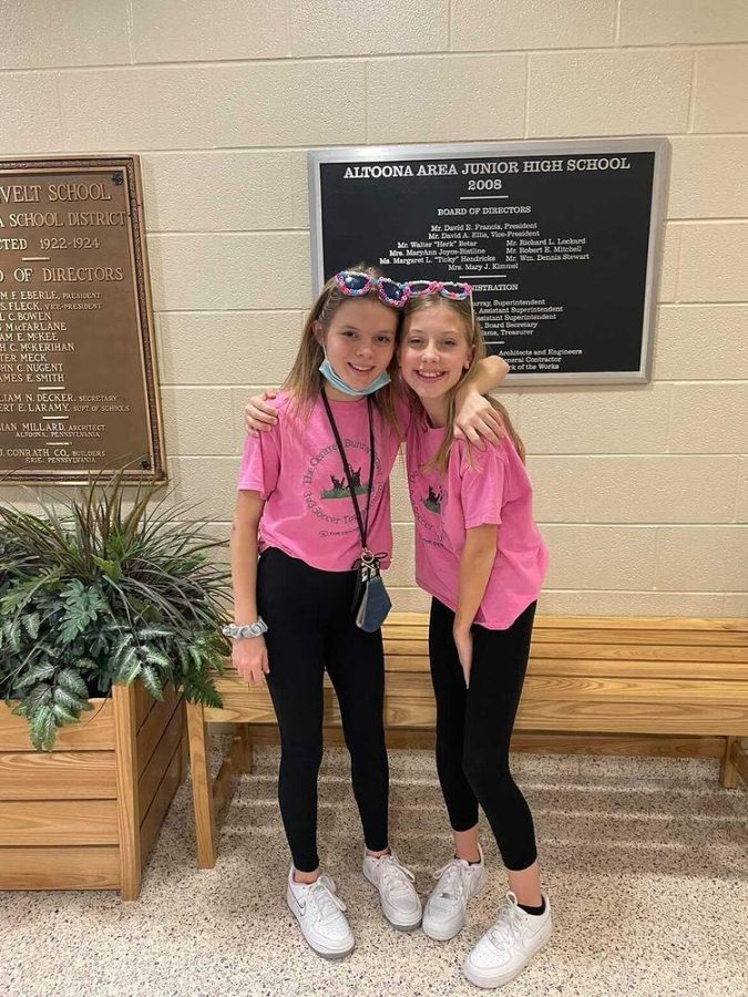 All pinked out!!! Seventh graders Ingrid Steward and Andie Adams.