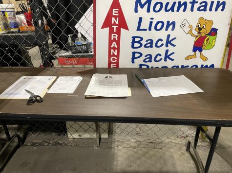 Sign in sheets lay on the table at the entrance to the Mountain Lion Backpack Program.  The program creates and delivers bags of food for elementary school students. 