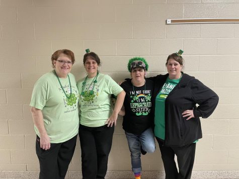 Our school lunch ladies joined the fray today by showing their St. Pattys Day outfits with smiles on their faces!
