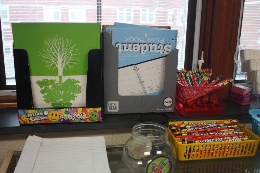 School supplies! Pencils, folders and erasers are all located at the back of the store if needed.