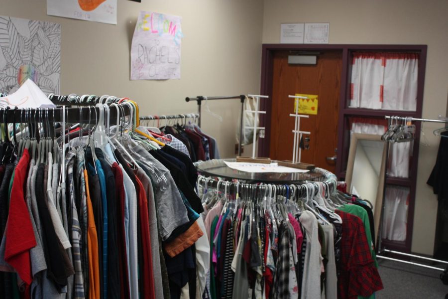 All free. The spacious room has racks of clothes to choose from for students.