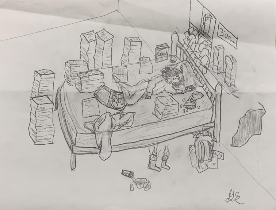 Overload. Eighth grader Grace Stadtmiller sketched this image to show what middle school students go through.