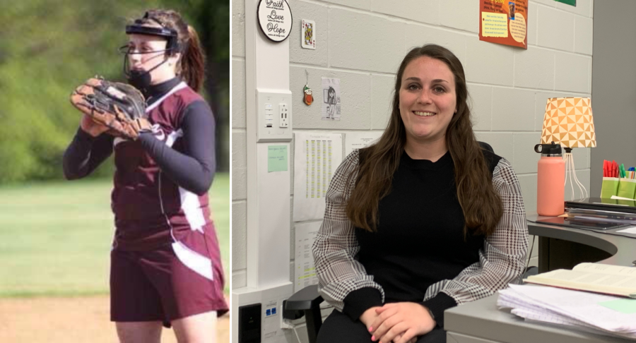 Then+and+Now%3A+Fasolo%E2%80%99s+career+in+softball+led+her+to+the+English+teaching+position+she+has+now+at+the+Altoona+Area+High+School.+Left%3A+Fasolo+pitching+during+an+AAHS+away+game+%28Photo+courtesy+of+Alyssa+Fasolo%29%3B+Right%3A+Fasolo+posing+at+her+desk+in+her+classroom+%28Photographer%3A+Melissa+Krainer%29.