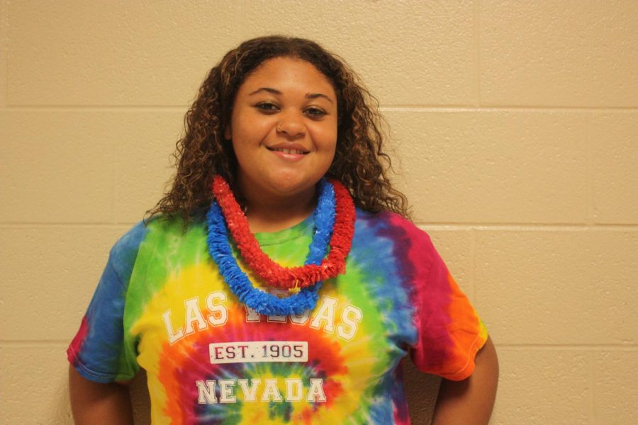 Colors galore. Eighth grader Amari Triplin wears a rainbow shirt for tropical shirt day. She showed off her summer spirit.