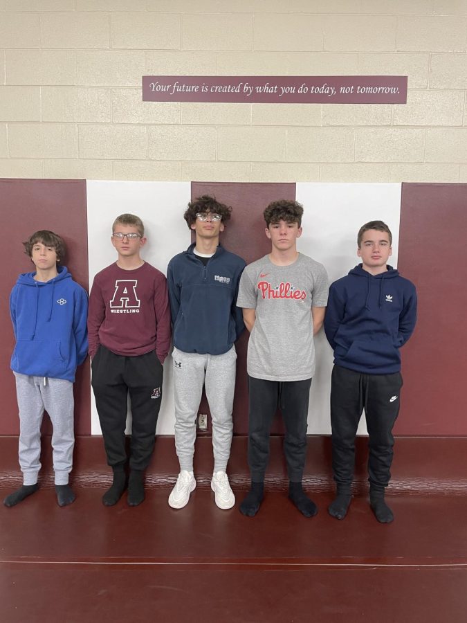 Wrestlers+Dominic+Nardozza%2C+Reese+Hite%2C+Dominic+Verticelli%2C+Rylan+Horell+and+Luke+Geishauser+are+ready+for+the+season.+The+boys+will+be+attending+the+first+home+wrestling+match+of+the+season.