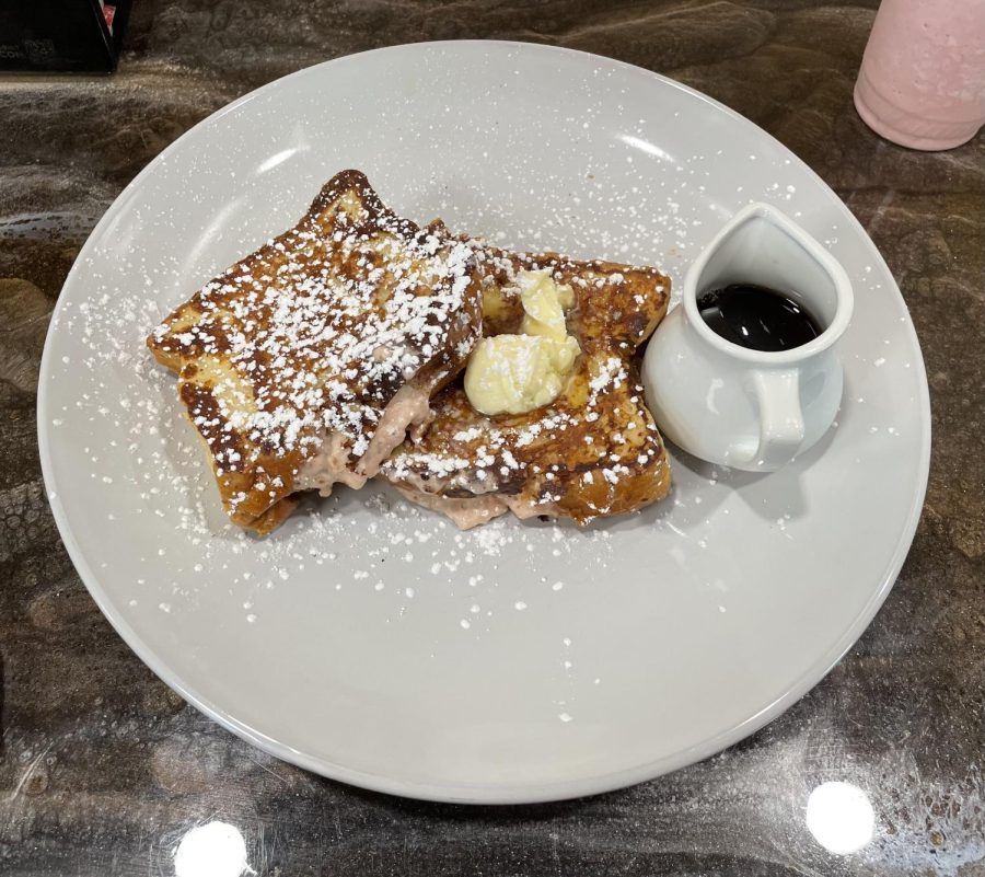 A sweet breakfast treat offered at the Daily Grind is stuffed  French toast. Fluffy French toast filled with strawberry or blueberry cream cheese makes for an excellent meal!