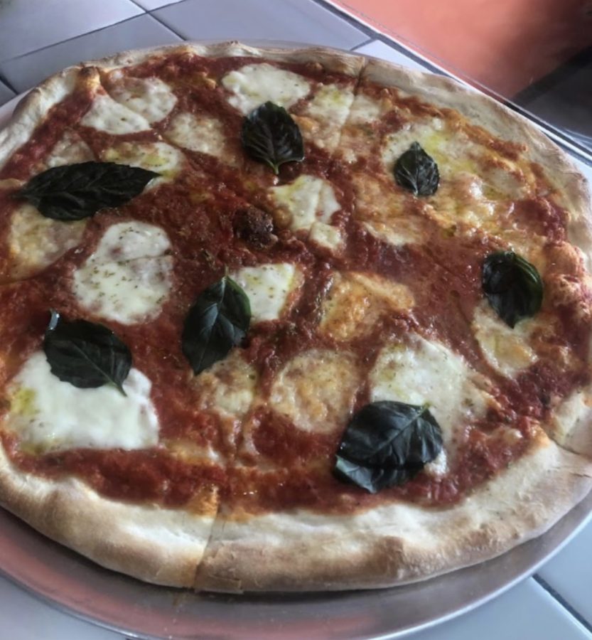 This is what their regular white pizza looks like. They have many different pizzas people can get and people can add whatever additional toppings that they want.