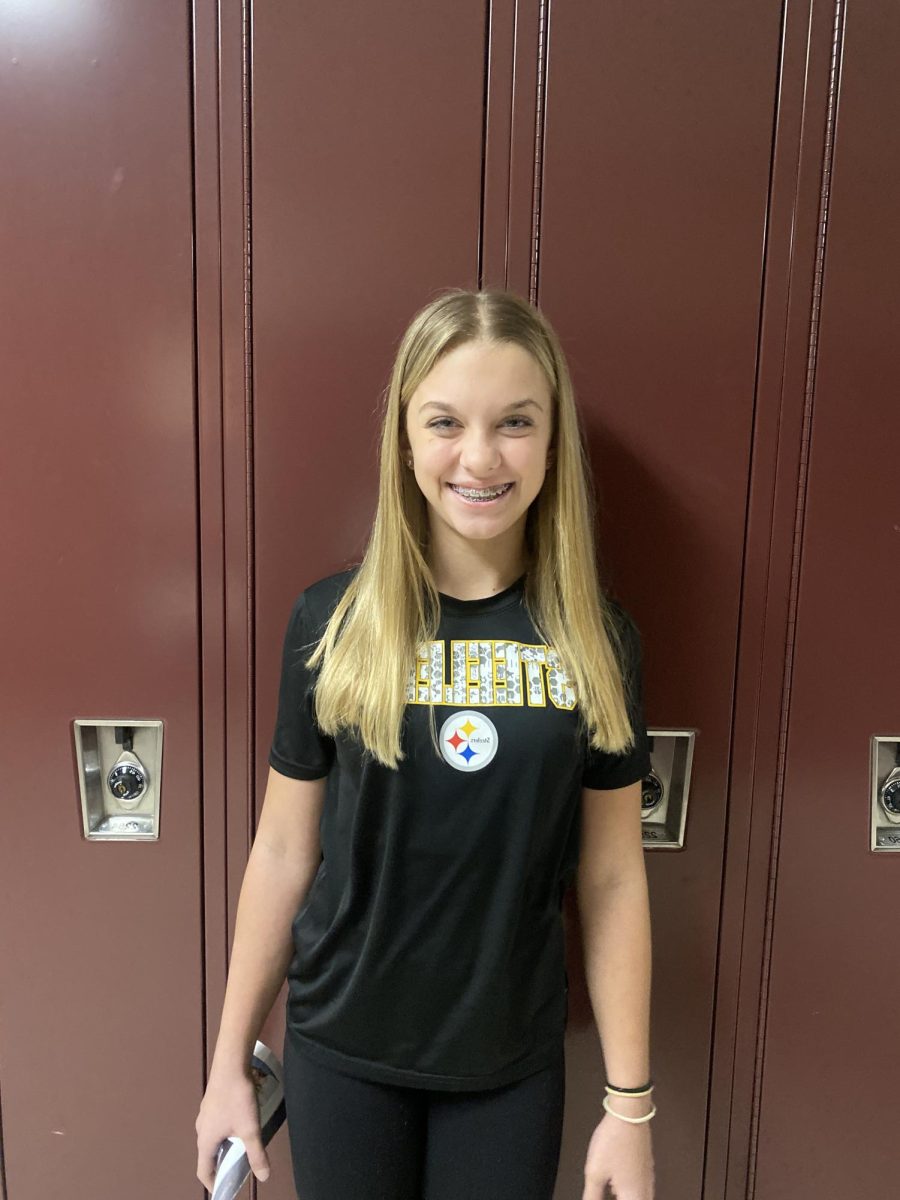 Eighth grader Chea Taneyhill smiles at the camera while showing off her Steelers shirt! Taneyhill was thrilled to be drug free and to cheer on the Steelers!