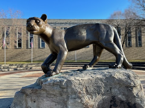 Still gleaming! The Mountain Lion glistens in the sunlight as the sun sets on Nov. 26. It still stands proud on the hill looking down on the schools. The lion is located only a short walking distance from the Altoona Area Public Library. According to, The Bronze Lion, 

The Mountain Lion was placed there in 1972, by the builder Heinz Warneke.