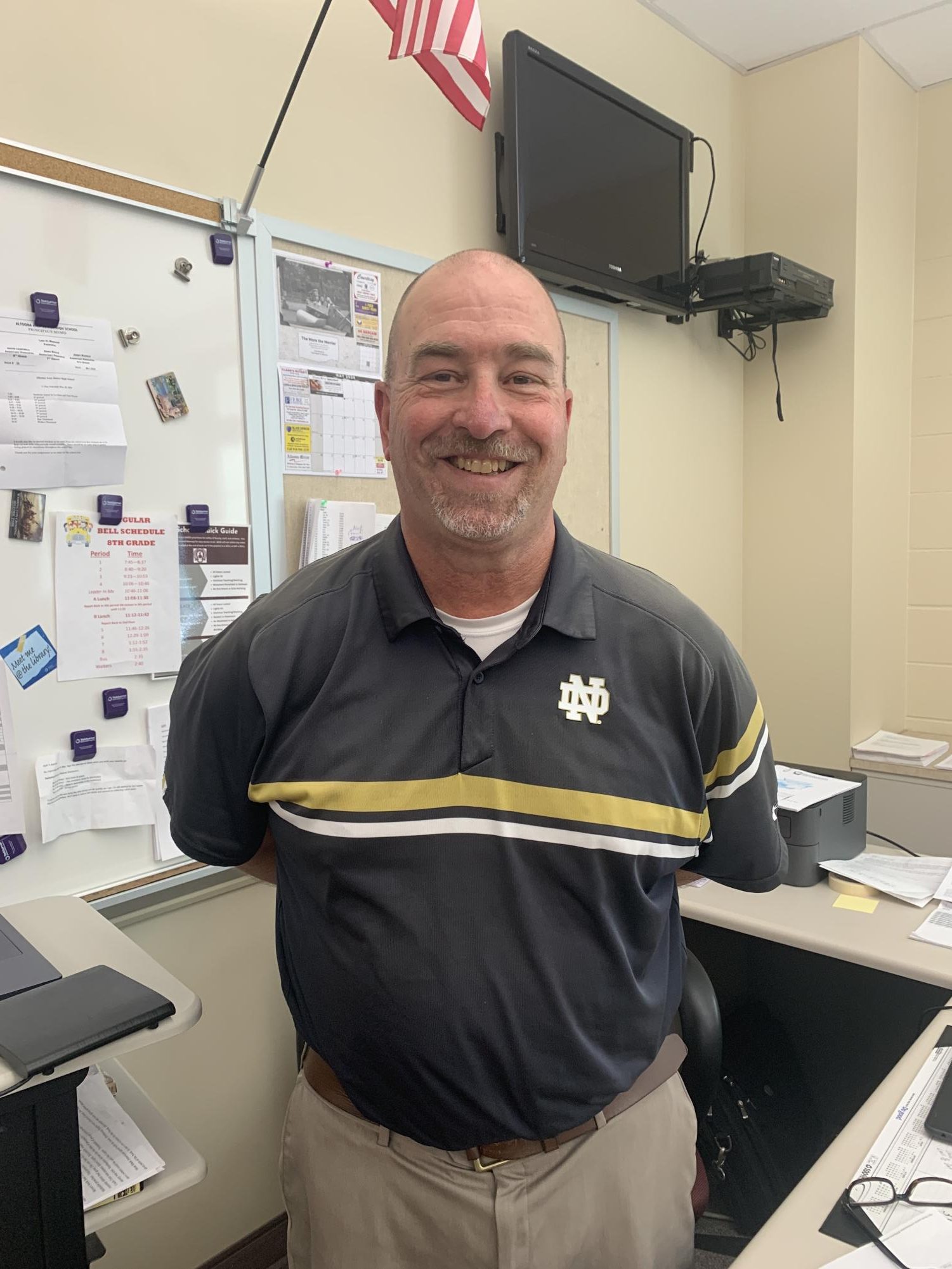 Teaching concludes. Tom Saylor smiles as he thinks of all the fun he has had teaching eighth graders. He will exit the junior high on May 30, 2024.