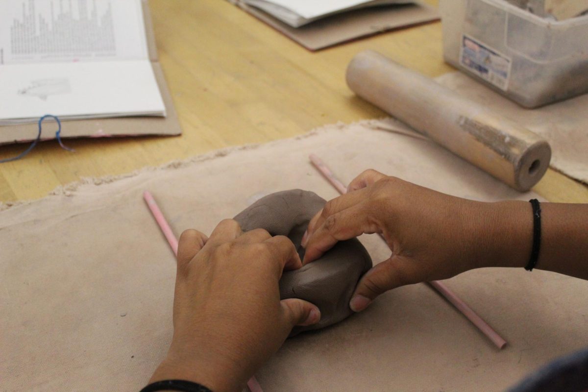 Pulling and stretching. Eight grader Ceazia Jackson started from scratch to create her monster pot. The clay is in a ball shape before you even start your project.