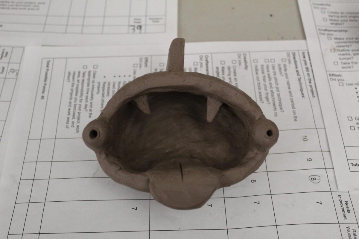 I'm hungry!  This is another pot someone created in eight grade art teacher John King's class. This is supposed to be a shark, and she just turned it in.