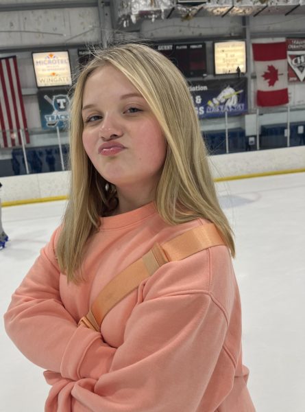 Ha ha! Eighth grader Abigail Chverchko makes a funny face while ice skating. Chverchko loves to go ice skating. Chverchko says, "It's fun, and you can talk to your friends while skating."