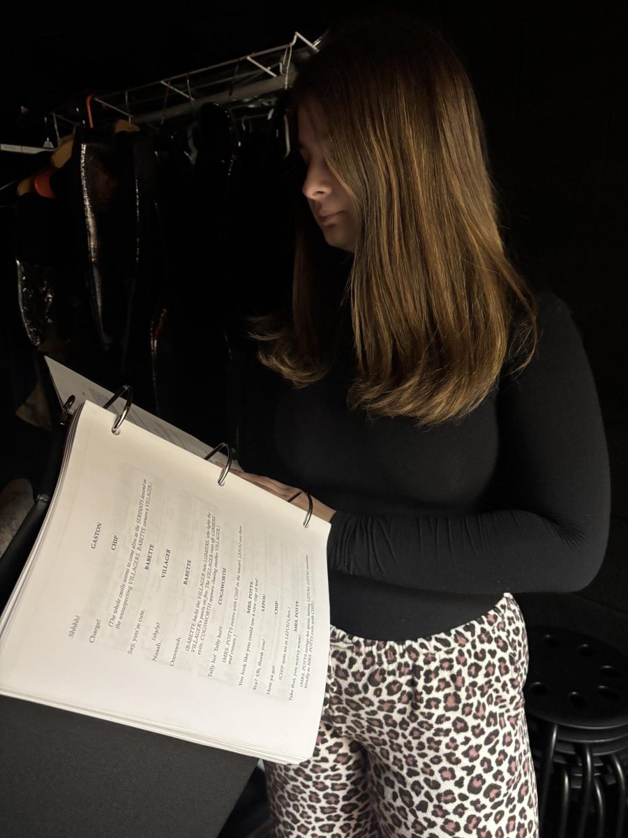 Focus! Eighth grader Alonna Pfahler looks at her script tracking the show and checking for no missed cues. Pfahler is the stage manager for the show, so it all goes orderly. "I'm so glad to have this opportunity. There can be struggles sometimes, so you just have to make sure to be extra tough," Pfahler said.