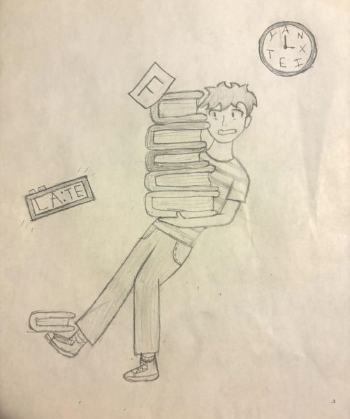 Uh oh!  A student stumbles throughout the hallways, lunging around a mountain of books and papers, while bombarded by clocks going off. This is an exaggeration of what an average day can be like for eighth grade students, but isn't far from the truth of how it actually is without a study hall.