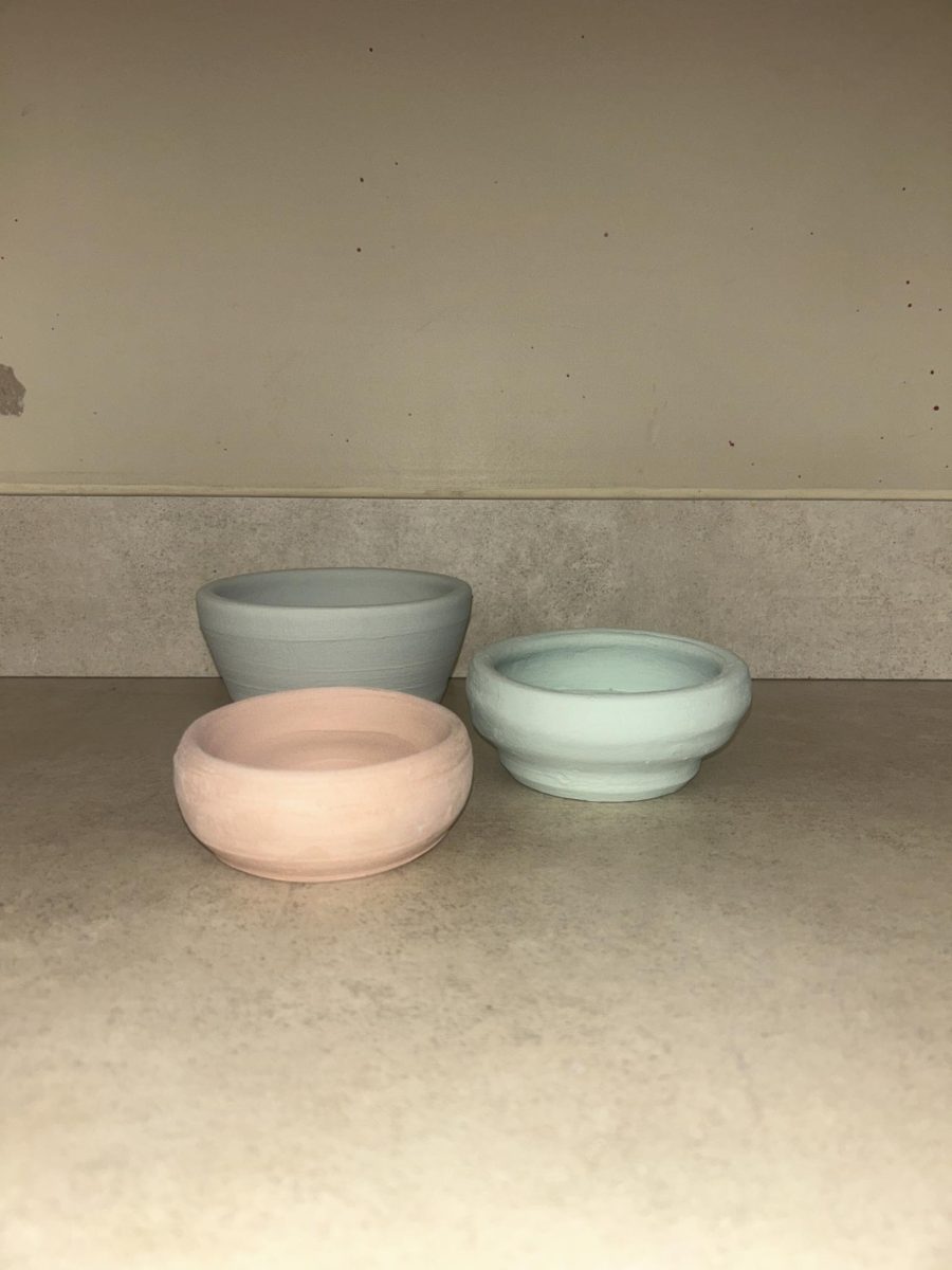 Bowls. These specific bowls are made on the wheel. Every semester students have multiple opportunities to work on the week and make various things, such as these bowls. "I love working on the wheel, and its probably my favorite thing to  do in pottery," said eighth grader Katie Beck.